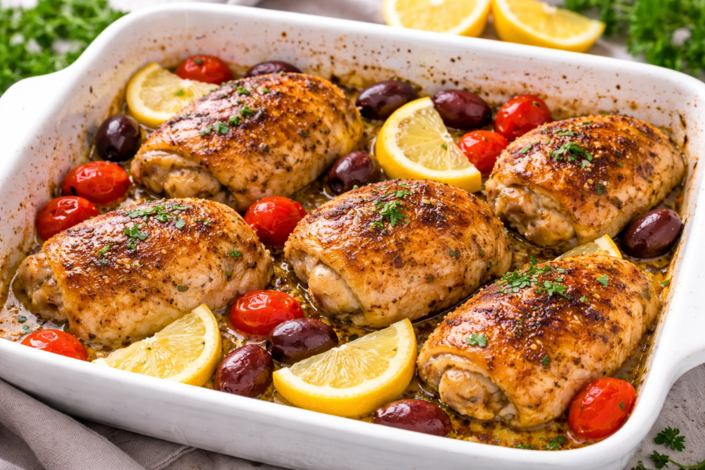 Mediterranean lemon garlic chicken baked with olive oil, fresh herbs, cherry tomatoes, olives and lemon slices
