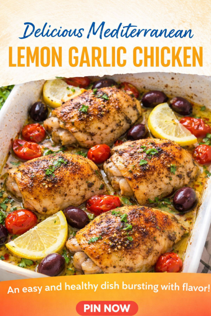 Mediterranean lemon garlic chicken served with roast vegetables and fresh herbs on a rustic plate