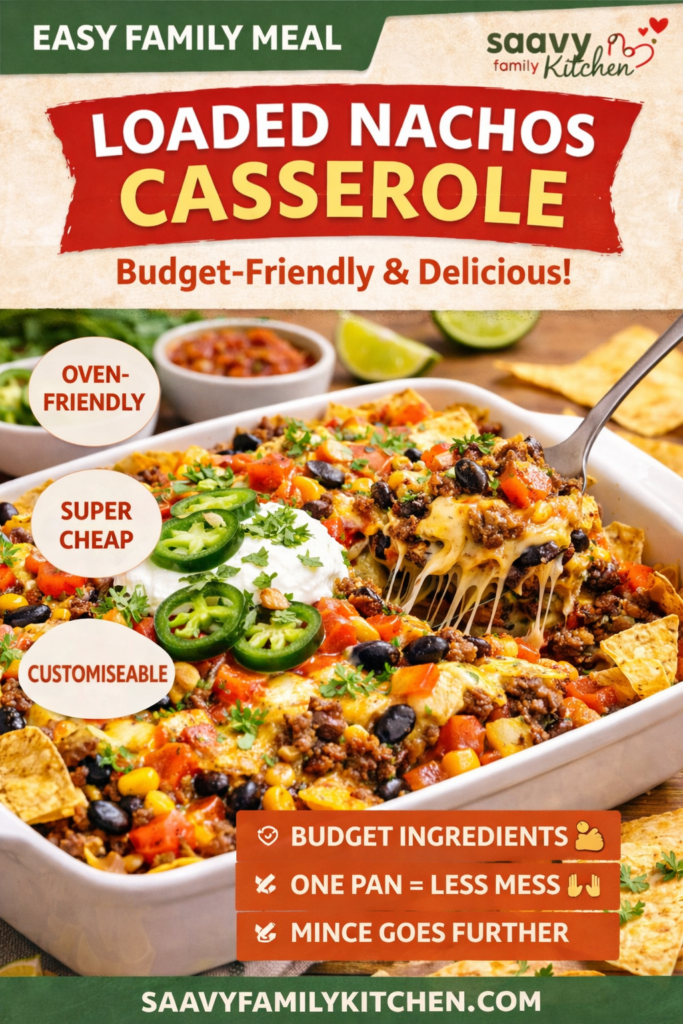 Crispy tortilla chips topped with beef and cheese in loaded nachos casserole that is budget-friendly