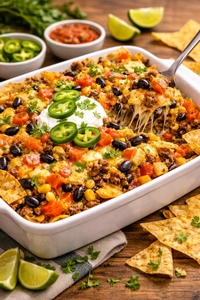 Loaded nachos casserole with melted cheese, seasoned beef, and crispy tortilla chips
