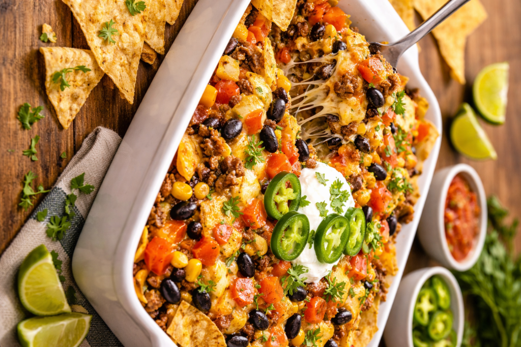 Loaded nachos casserole with melted cheese, seasoned beef, and crispy tortilla chips