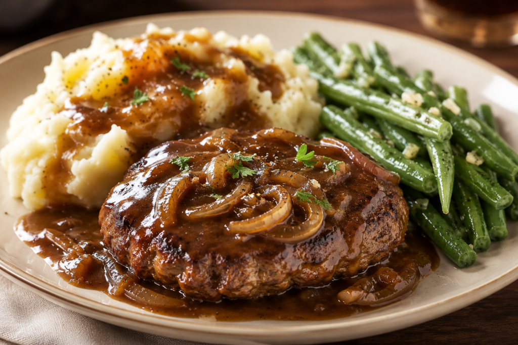 Salisbury Steak with mashed potato and green beans