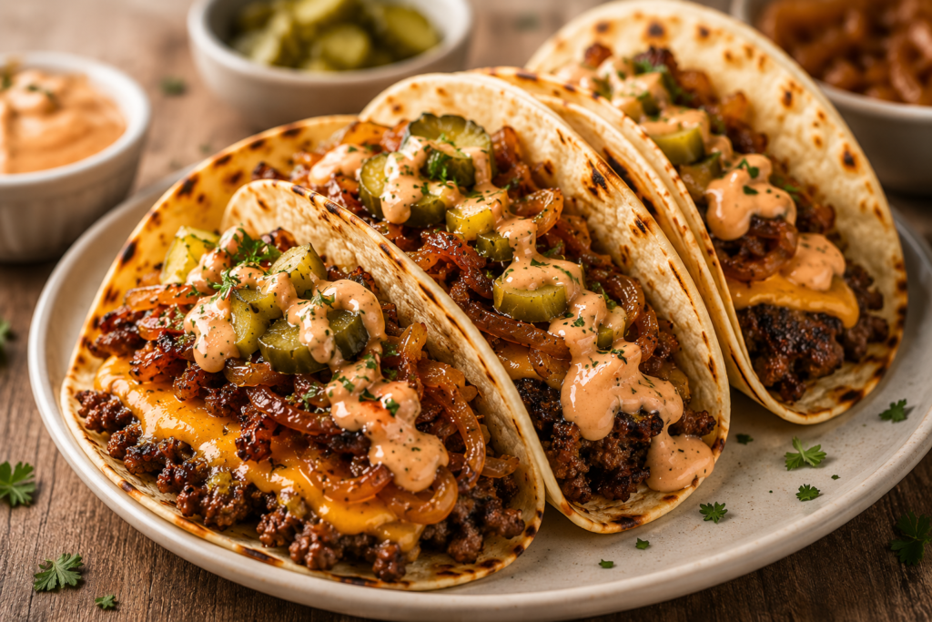 Caramelized Onion Smash Burger Tacos